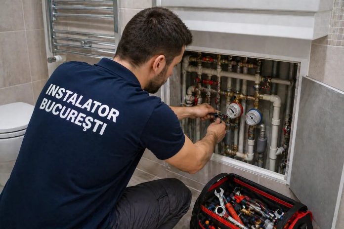 Instalator care efectuează lucrări de reparații sanitare într-un apartament din Sector 4 București